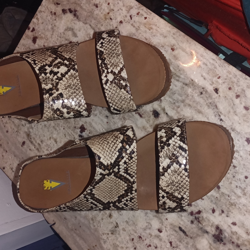 Volatile Brown Cream Wedge Shoes with Snakeskin Pattern